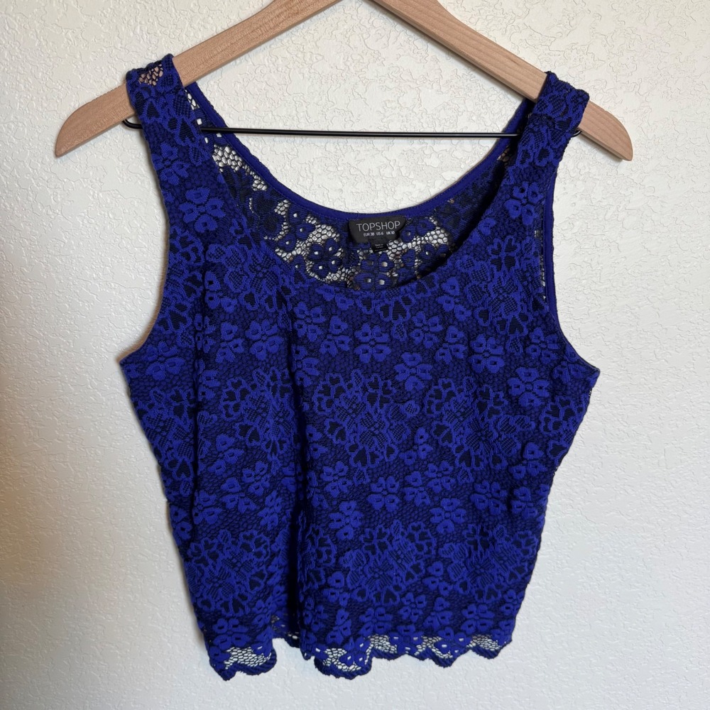 Whimsygoth Electric Blue‎ Topshop Floral Lace Crop Tank, US 6